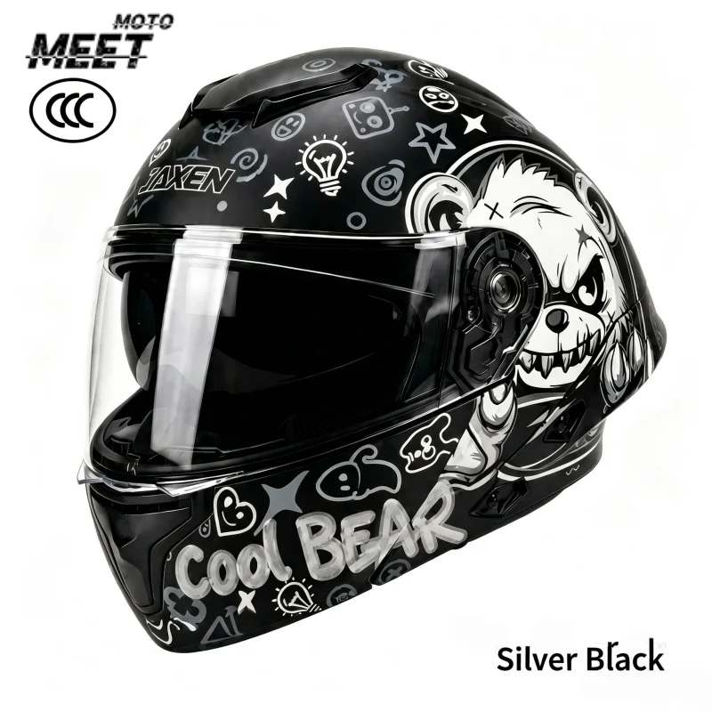 Flip Up Helmet Dual Visor - Graffiti Cool Bear Street-Look Modularer Motorrad-Klapphelm,