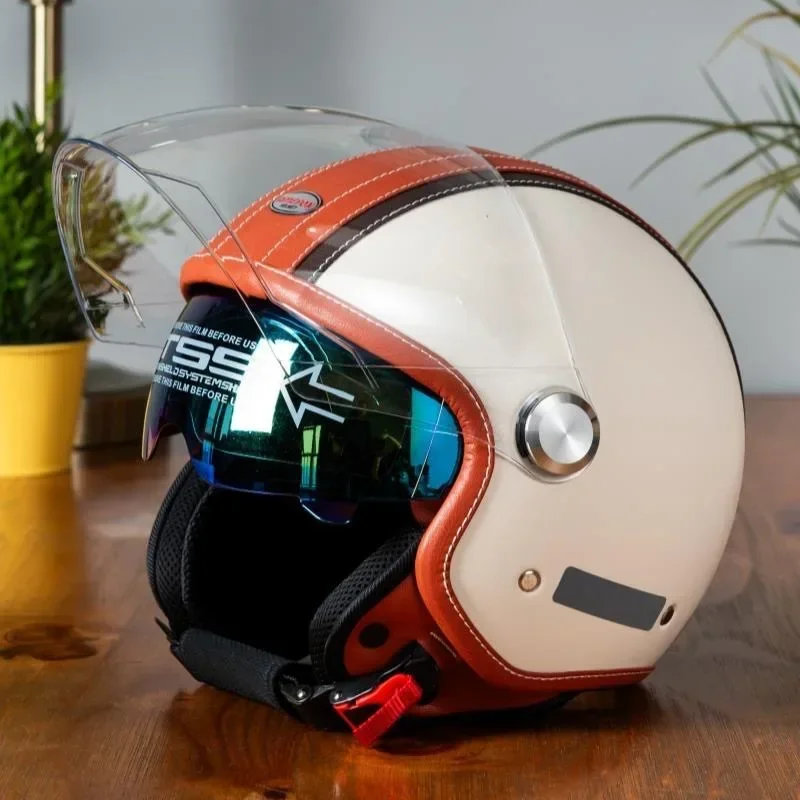 Open Face Helmet Retro Vintage - Vintage-Leder-Offenfahrhelm, Motorradhelm mit Doppelvisier, DOT-zugelassen, Herren-Retro-3/4-Jet-Halbhelm